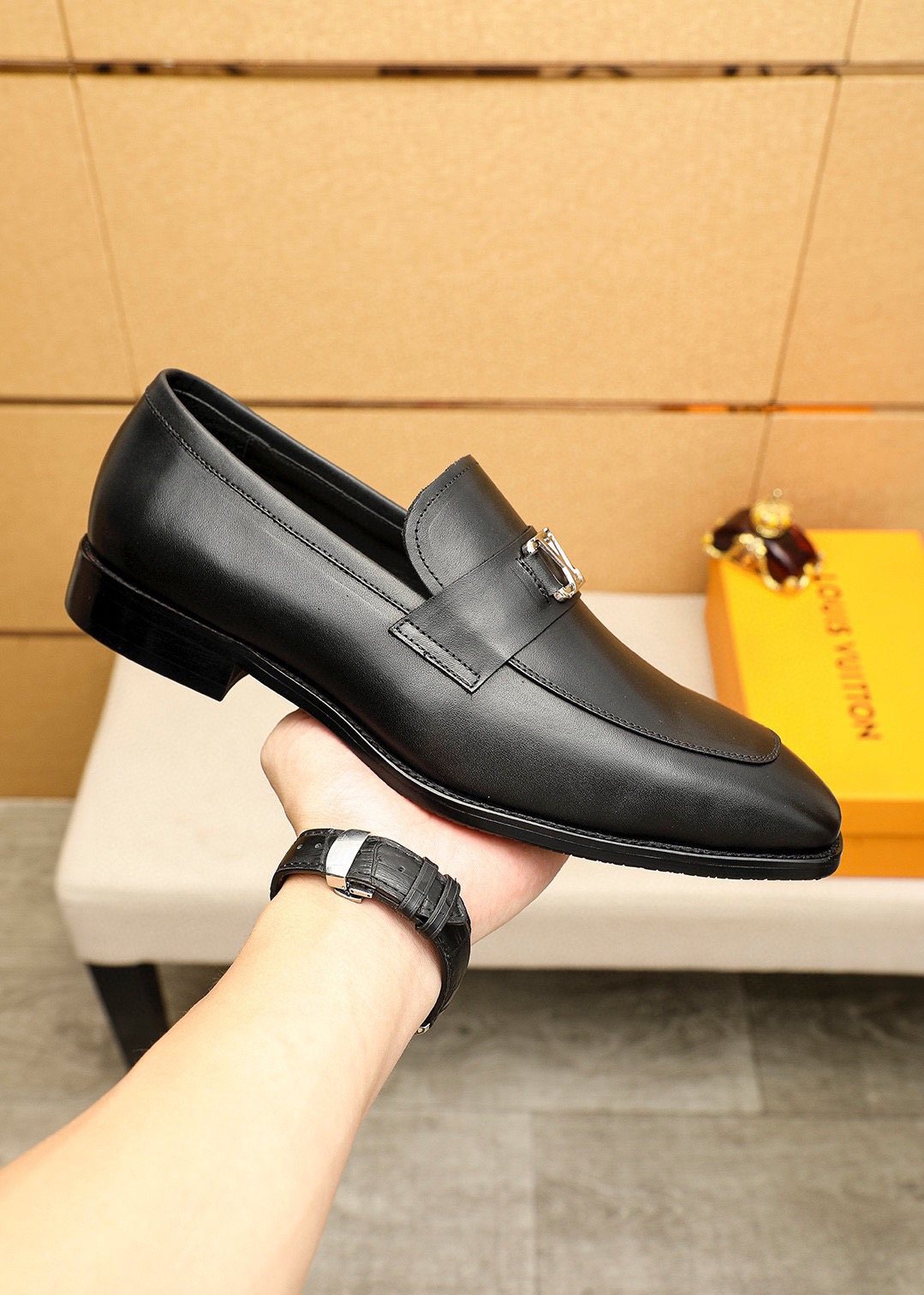 Louis Vuitton Black Metal-Accent Loafers - Stacked Heel